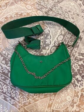 Peta + Jain Green Nylon Shoulder Bag with Chain Accent